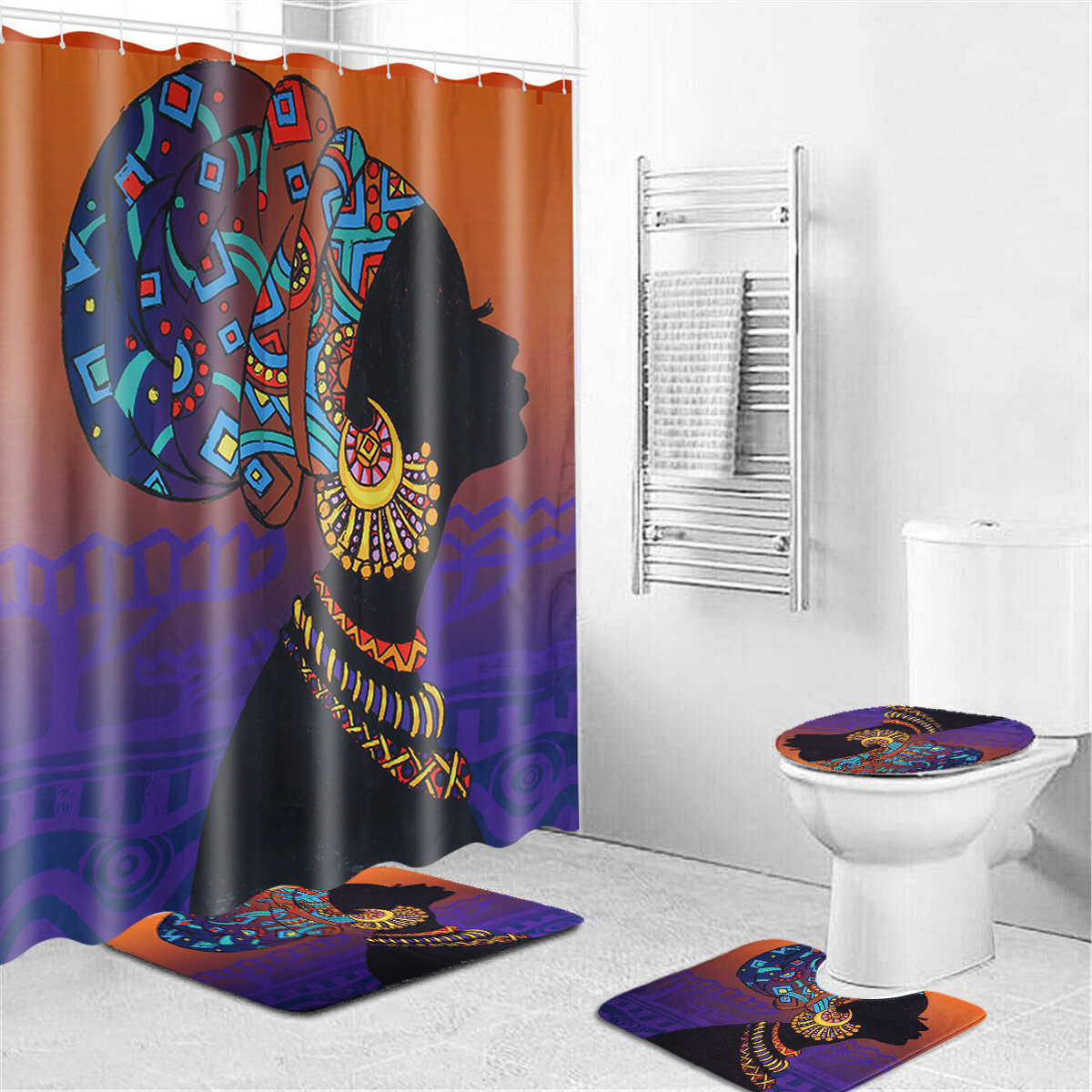 African Woman Shower Curtain Bathroom Rug Set Bath Mat Non-Slip Toilet Lid Cover African Woman Shower Curtain Bathroom Rug Set Bath Mat Non-Slip Toilet Lid Cover